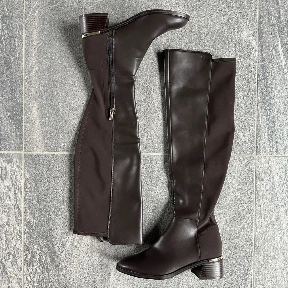 NWOB Calvin Klein Jotty Over The Knee Dress Boots Round Toe Brown Faux Leather 7
